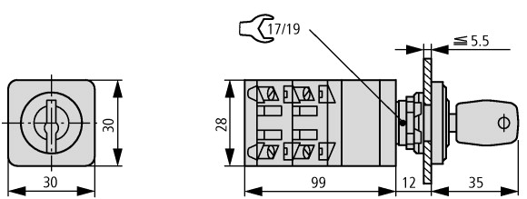 46127 Ступенчатые выключатели, контакты: 12, 10 A, Передняя панель: 1-6, 60 °, 6 уровней 60°, без круговой схемы, с фиксацией, Центральный монтаж (TM-6-8253/EZ)