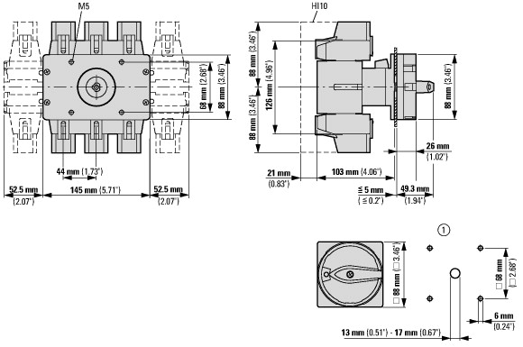 280951 Главные выключатели, 3-полюсн. + 1 Замыкающие контакты, 315 A, Функция аварийного выключения, запираемый в положении 0, Монтаж (P5-315/EA/SVB/HI10)