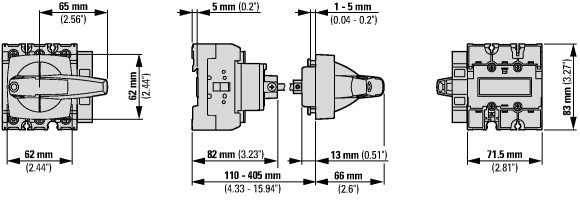 172814 Главные выключатели, 3-полюсн. + 1 Замыкающие контакты + 1 Размыкающие контакты, 63 A, Функция аварийного выключения, запираемый в положении 0, Промежуточный монтаж, with 400 mm metal shaft (P3-63/M4/HI11/K2-PR)