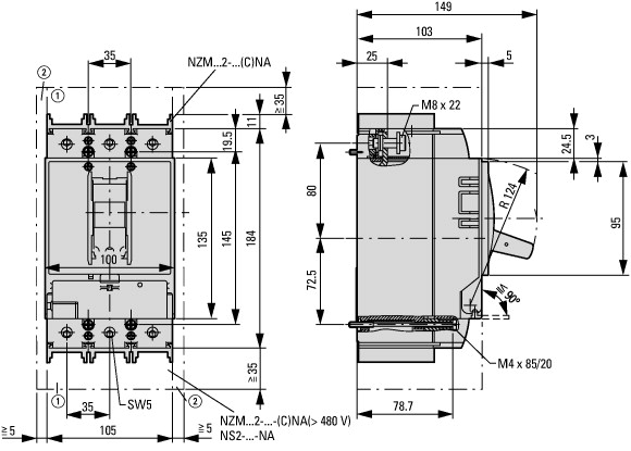 113350 Втычной автоматический выключатель защиты двигателя 220А, 3 полюса, откл.способность 150кА, электронный расцепитель (NZMH2-ME220-SVE)