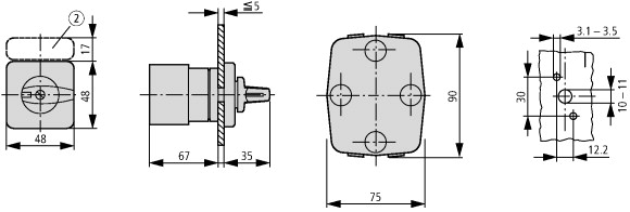 18946 Реверсивные переключатели, контакты: 5, 32 A, Передняя панель: 2-0-1, 45 °, с фиксацией, Монтаж (T3-3-2/E)