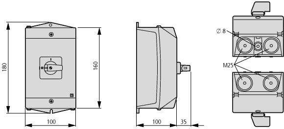 207186 Реверсивные переключатели, контакты: 5, 32 A, Передняя панель: 1>0<2, 45 °, без фиксации, Монтаж на поверхность (T3-3-8228/I2)