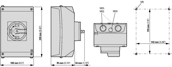 207258 Предохранительные выключатели, 6-полюсн. + 2 Замыкающие контакты, 63 A, Функция аварийного выключения, запираемый в положении 0 с блокировкой крышки, Монтаж на поверхность, with warning label „safety switch” (T5B-4-8903/I4-SI)