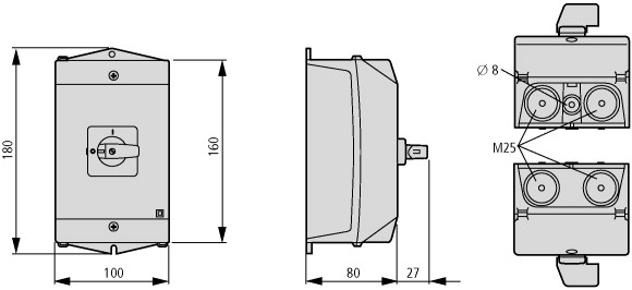 207181 Реверсивные переключатели, контакты: 4, 32 A, Передняя панель: 1-0-2, 45 °, с фиксацией, Монтаж на поверхность (T3-2-8400/I2)
