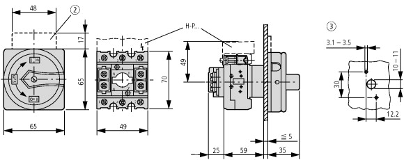 14536 Главные выключатели, 3-полюсн. + 2 Замыкающие контакты + 2 Размыкающие контакты, 32 A, Функция аварийной остановки, Монтаж (P1-32/EA/SVB-SW/2HI11)