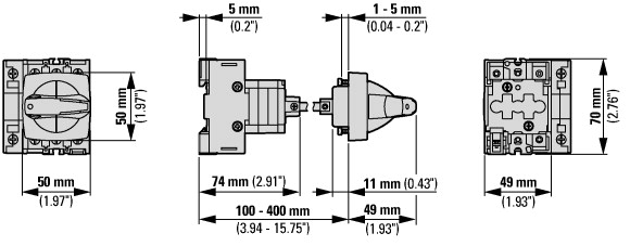 172778 Главные выключатели, 3-полюсн. + N, 32 A, Функция аварийного выключения, запираемый в положении 0, Промежуточный монтаж, with 400 mm metal shaft (P1-32/M4/N/K1-PR)
