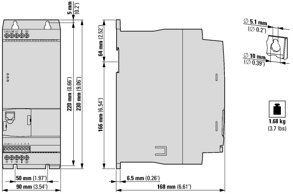 180661 Variable speed starter, single-phase mains connection, three-phase motor connection at 230 V, 9.6 A and 2.2 kW / 0.3 HP (DE11-129D6NN-N20N)