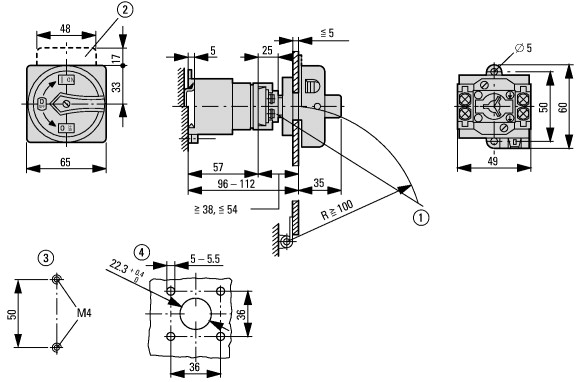 207405 Главные выключатели, 3-полюсн. + N, 20 A, Функция аварийного выключения, 90 °, запираемый в положении 0, Промежуточный монтаж (T0-2-8900/V/SVB)