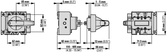 172817 Главные выключатели, 3-полюсн. + N + 1 Замыкающие контакты + 1 Размыкающие контакты, 63 A, Функция аварийной остановки, запираемый в положении 0, Промежуточный монтаж, with 400 mm metal shaft (P3-63/M4/N/HI11/K2-PG)