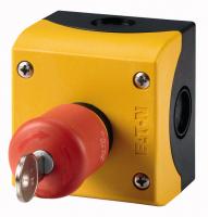 216523 Кнопка аварийной остановки защищенная, 1 замыкающий + 1 размыкающий контакты, цвет красный, цвет корпуса желтый (M22-PVS/KC11/IY)