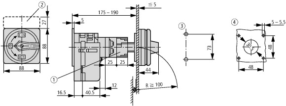 94892 Главные выключатели, 9-полюсн. + 2 Замыкающие контакты + 1 Размыкающие контакты, 100 A, Функция аварийного выключения, 90 °, Промежуточный монтаж (T5-6-15168/V/SVB)