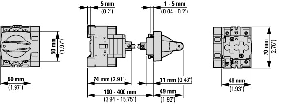 172781 Главные выключатели, 3-полюсн. + 1 Замыкающие контакты + 1 Размыкающие контакты, 32 A, Функция аварийной остановки, запираемый в положении 0, Промежуточный монтаж, with 400 mm metal shaft (P1-32/M4/HI11/K1-PG)