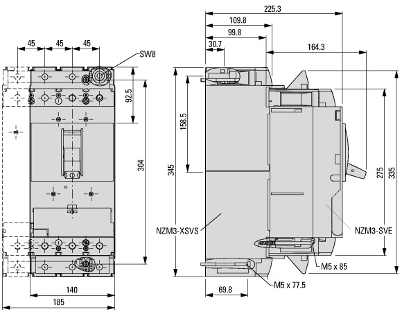 168909 Втычной автоматический выключатель 630А, 3 полюса, откл.способность 150кА, селективный расцепитель (NZMH3-VE630-SVE)