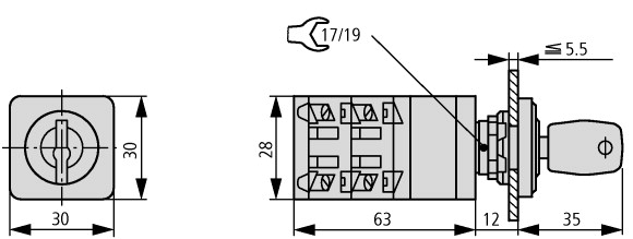 45491 Переключатель, контакты: 6, 10 A, Передняя панель: 1-0-2, 60 °, с фиксацией, Центральный монтаж (TM-3-8212/EZ)