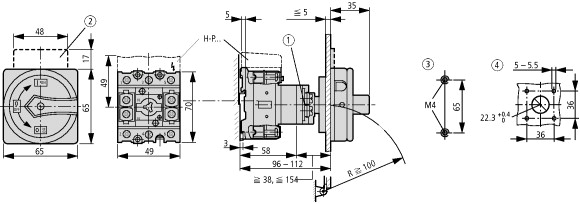 53113 Главные выключатели, 3-полюсн. + N + 1 Замыкающие контакты + 1 Размыкающие контакты, 25 A, Функция аварийного выключения, запираемый в положении 0, Промежуточный монтаж (P1-25/V/SVB/N/HI11)