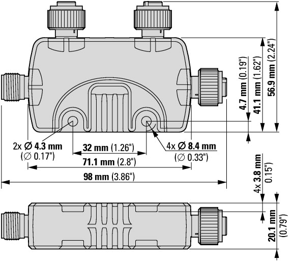 174726 T-Connector SWD, модуль ввода/вывода IP69K, 24 В пост. тока, четыре входа, два гнезда входа/выхода M12 (EU2E-SWD-4DX)