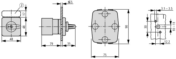 14160 Переключатель полюсов, контакты: 9, 20 A, One tapped winding, 2 скорости вращения, Передняя панель: 1-2, 90 °, с фиксацией, Монтаж (T0-5-15203/E)