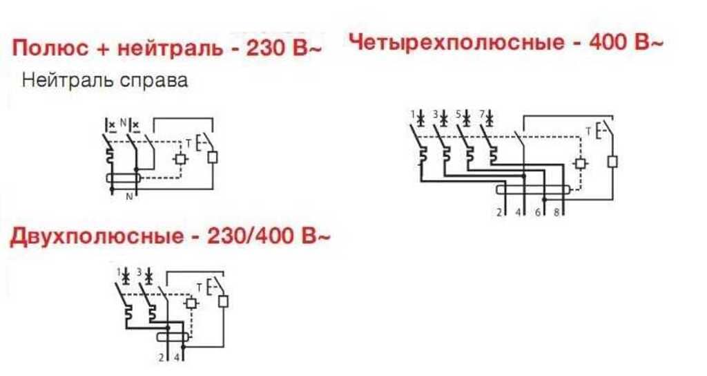 Схемы подключения одно / четырех полюсных дифавтоматов