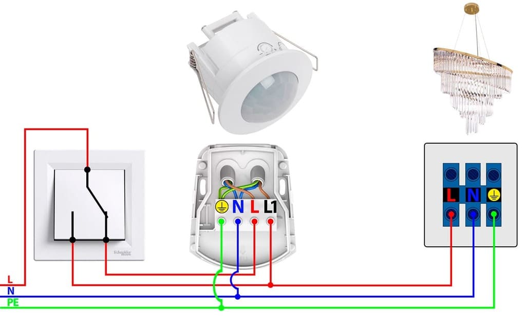 Схема подключения проходного выключателя и датчика движения Схема подключения проходного выключателя и датчика движения