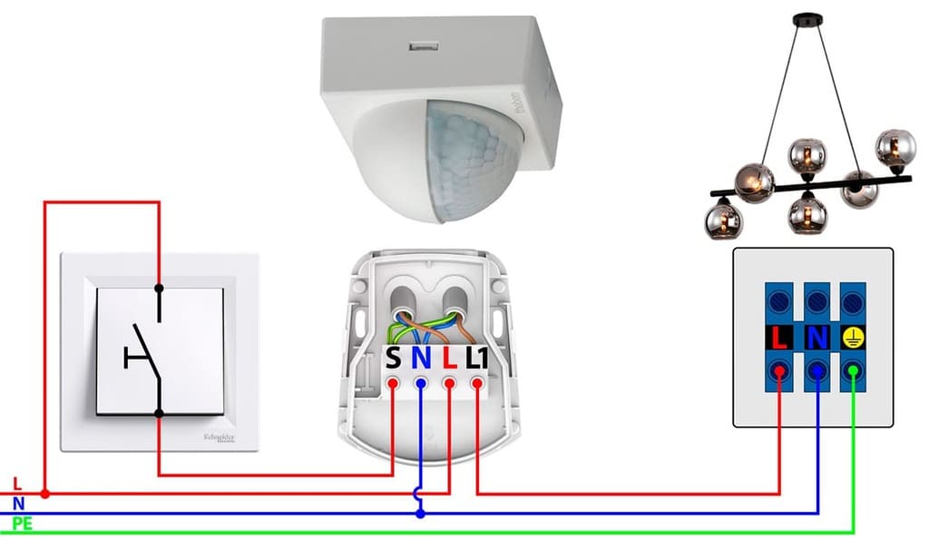 Схема подключения датчика движения с выходом под кнопочный выключатель Схема подключения датчика движения с выходом под кнопочный выключатель