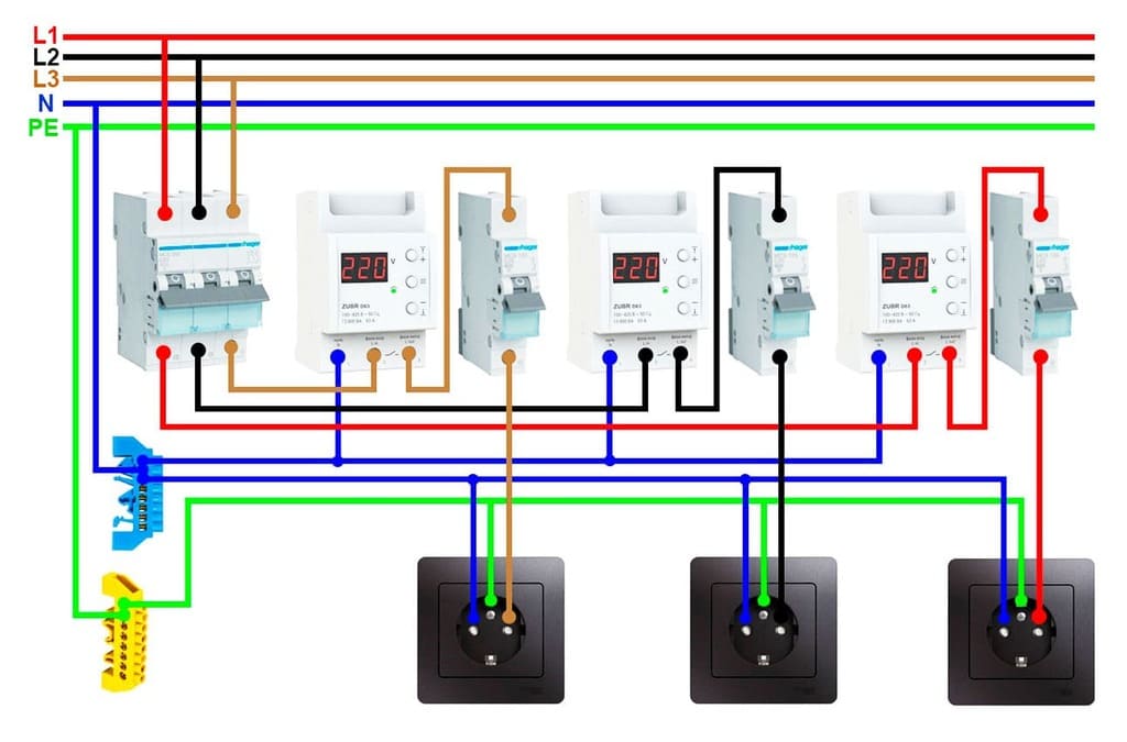 Схема подключения в трехфазной сети, 3-рех однофазных реле